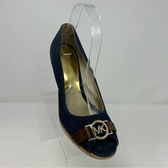 Michael Michael Kors Denim Blue Peep Toe Espadrille Wedges Size 7 - Picture 2 of 13